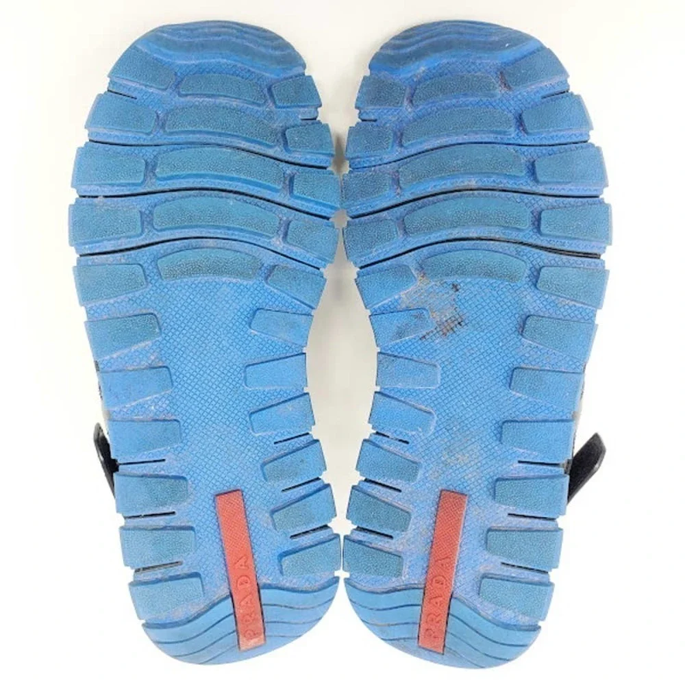 Prada LOGO Sandals Platform Black Leather Blue Rubber Sole Dad Sandals EU‎ 39